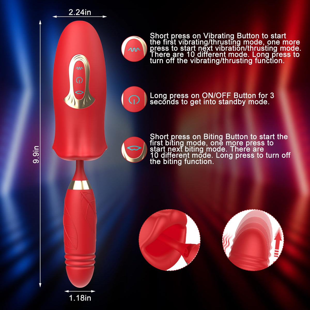 10 Vibration Thrusting & 10 Kissing Biting Modes Thrusting Rose Sex Toy Vibrate