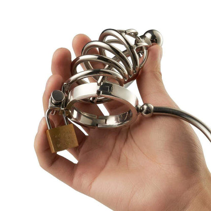 Stainless Steel Chastity Cock Cage With Urethral Insert & Anal Plug