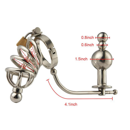 Stainless Steel Chastity Cock Cage With Urethral Insert & Anal Plug