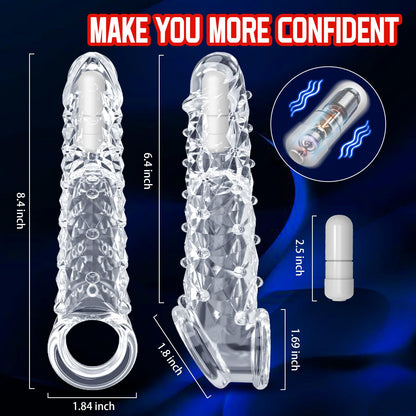 Vibrating penis sleeve, reusable penis extender with clitoral stimulator, soft granular penis extender, penis sleeve lengthening extender, sex toys for men and women
