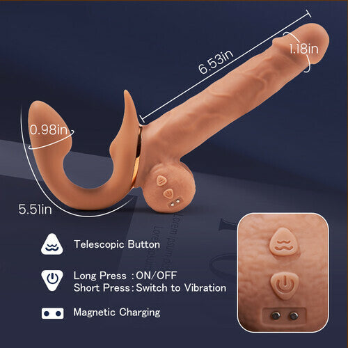 Buyging™ 9 Vibrating Telescopic Clitoral Strap On Adjustable Lifelike Dildo Rabbit Ear Double Ended