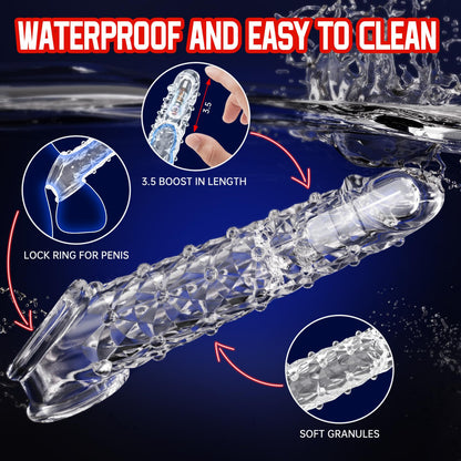 Vibrating penis sleeve, reusable penis extender with clitoral stimulator, soft granular penis extender, penis sleeve lengthening extender, sex toys for men and women